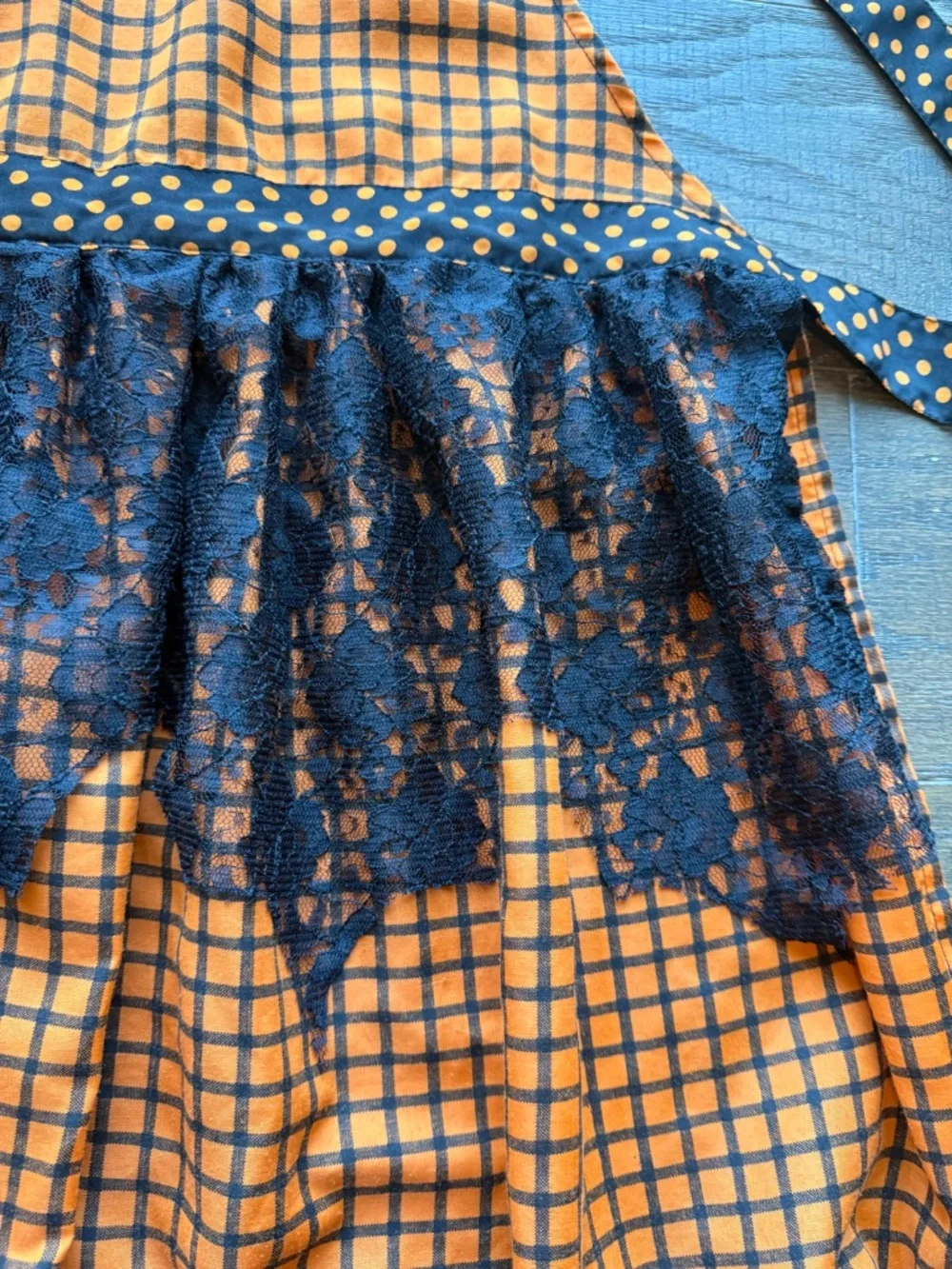 Pier 1 Imports Halloween Apron Orange Black Polka Dot Lace Spiderweb Cottagecore